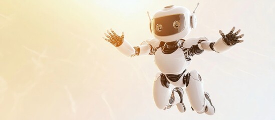 Poster - A cheerful cartoon robot with a white design joyfully leaping against a bright backdrop