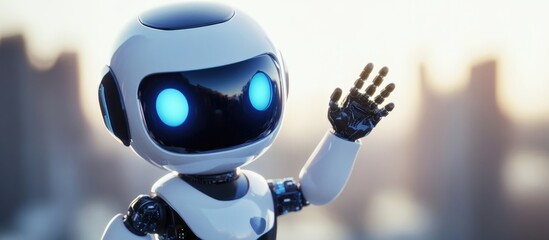 Poster - 3D rendering of a small cute artificial intelligence robot resembling a cartoon character with its hand raised