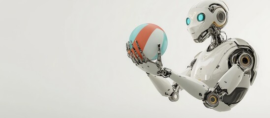 Poster - Side view of a floating robot gripping a beach ball against a white background featuring ample copy space 3D illustration