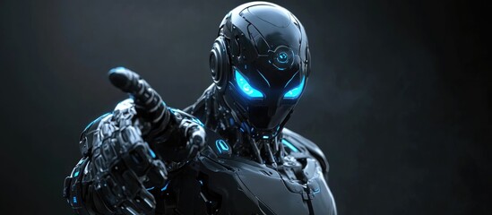Poster - Black and blue robotic cyborg gestures with a finger against a dark backdrop in this 3D rendering
