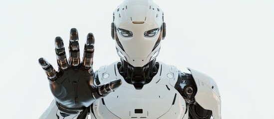 Aufkleber - Futuristic humanoid robot with a detailed design making a stop gesture displaying an open hand with five fingers Front view of the upper body isolated on a white background 3D render