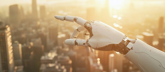 Poster - A futuristic white robot finger reaches out to touch a human finger set against a backdrop of a city in a 3D rendering