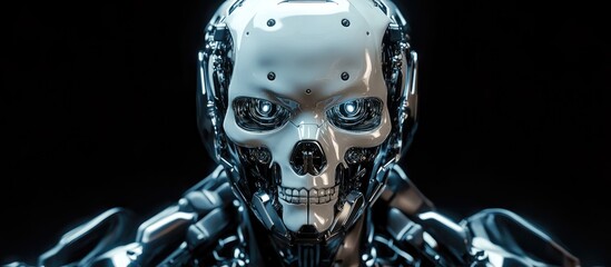 Poster - 3D illustration of a science fiction cyborg with a skull shaped face linked to extraterrestrial technology showcasing a menacing design