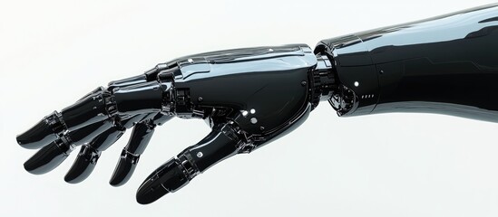 Poster - futuristic black prosthetic hand displayed against a white background showcasing advanced technology