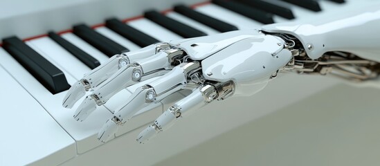 Poster - 3d rendering of a cyborg hand in a typing or piano playing pose set against a white background