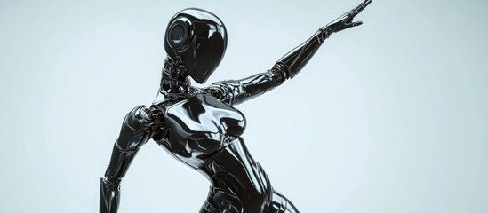 Dance robot female figure Shiny metallic droid Artificial intelligence theme Conceptual fashion artwork Realistic 3D rendered illustration Studio setting isolated high key lighting
