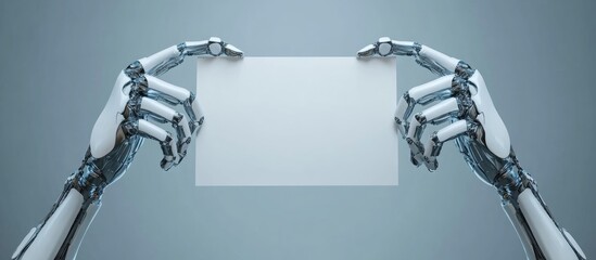 Poster - two metallic robotic arms holding a blank advertising card in a 3d rendering