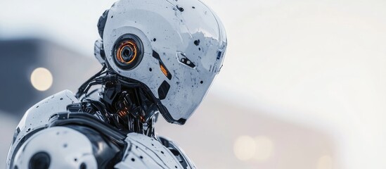 Poster - 3D illustration of a robotic soldier in motion turning its head to glance behind