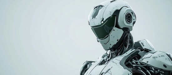 Poster - Futuristic sci fi mech soldier depicted against a plain backdrop Military robot featuring a green and gray metallic design controlled by a pilot showcasing scratched armor 3D rendering