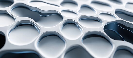 Wall Mural - Futuristic wave design featuring white hexagons with blue accents set against a dark backdrop rendered in 3D