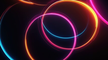 Poster - Colorful glowing neon circles in a curved shape with wavy dynamic lines on a black background ideal for use in badges price tags and labels