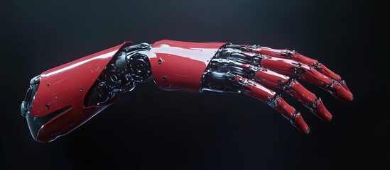 Poster - Futuristic robotic prosthetic hand designed with sleek aesthetics rendered in 3D against a dark background