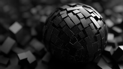 Poster - abstract black textured sphere on a monochrome background digital illustration in 3d render style