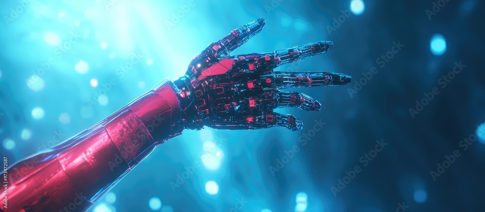 Female cyborg arm raised featuring synthetic skin that reveals ...