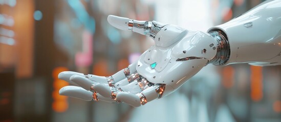 Poster - White robotic hand on a blurred backdrop showcasing robotic arms with a digital display in a 3D rendering