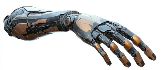 Poster - 3d rendering of a metallic cyborg arm isolated on a white background