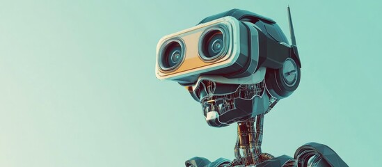 Poster - Close up of a low poly vintage robot utilizing a virtual reality headset against a light blue backdrop 3D rendered imagery