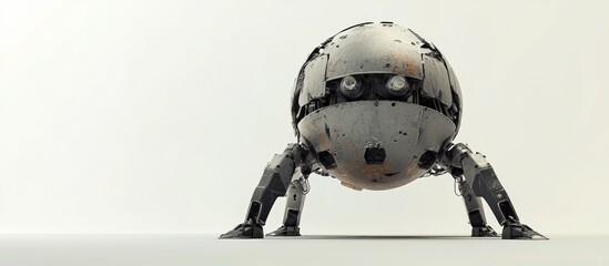 Poster - A 3D illustration of a heavy metal mech ball unsteadily walking on a white background viewed from the rear