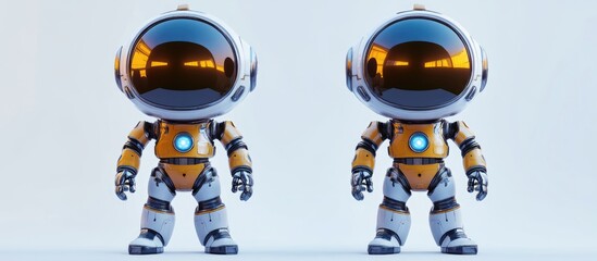Poster - 3D rendering illustration of an adorable robot cyborg character set against a white background Cartoon astronaut figure made of metal and plastic showcasing AI and game technology