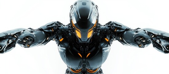 Poster - cyborg figure poised heroically on a white background depicted in a dynamic 3d illustration