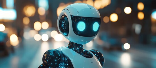 Poster - 3D robot with glowing eyes against a blurred background featuring ample copy space Concept of technology AI and the future of economic analysis and various business roles