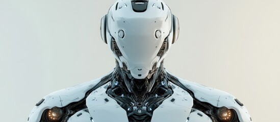 Poster - Futuristic robot figure showcasing intricate cyborg details Upper body view presented against a neutral backdrop 3D artwork