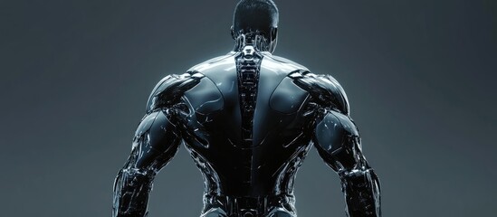 Cyborg in a dynamic pose resembles a comic hero captured from behind in a detailed 3D illustration