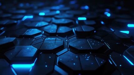 Poster - Abstract low poly hexagonal background featuring dark tones and blue glow elements Conceptual HUD design 3D rendering