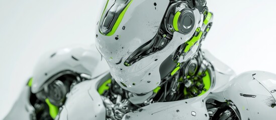 Poster - futuristic mech soldier in a white setting featuring green and gray metallic armor pilot controlled 