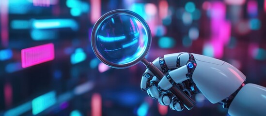 Aufkleber - AI chatbot with a hand holding a board and magnifying glass emphasizing the role of artificial intelligence in digital transformation and search engine optimization for business motivation