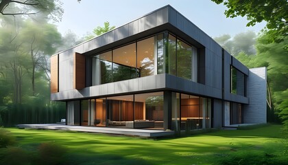 Wall Mural - Modern house facade featuring tall windows showcasing lush backyard greenery