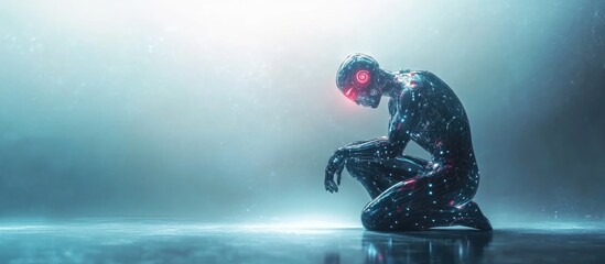 Poster - Futuristic android man kneeling against a light backdrop embodying the concept of artificial intelligence and advanced technology 3D illustration showcasing a sci fi theme