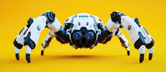 Poster - 3D rendered illustration of a spider robot in white black and blue on a vibrant yellow background