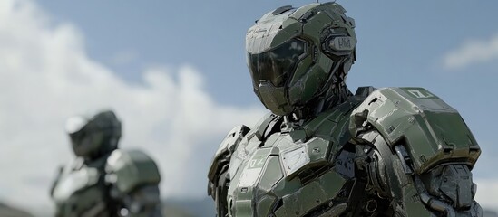 Poster - Futuristic robot soldier positioned against a scenic backdrop Military mech in green and gray metal piloted with worn armor Mech combat scene 3D rendering