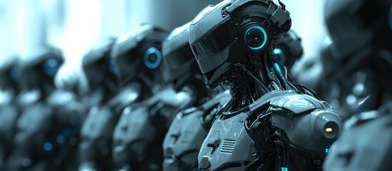 Poster - Futuristic robotic army or ensemble of cyborgs 3D rendering