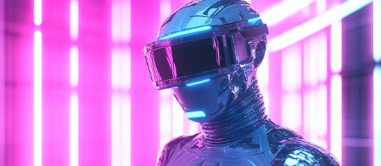 Poster - Futuristic humanoid robot wearing VR glasses set in a neon lit virtual environment showcasing advanced technology and a sleek cybernetic design