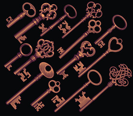 Antique keys. Design set. Editable hand drawn illustration. Vector vintage engraving. Isolated on black background. 8 EPS