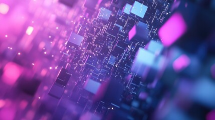 Leinwandbilder - Blurred abstract background featuring a blue violet gradient with square bokeh and sleek gray lines creating a modern technological aesthetic