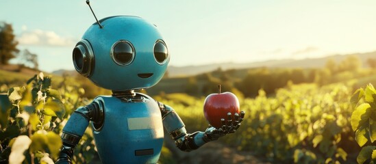 Poster - 3D rendering of a blue robot assistant in an agricultural setting holding a red apple