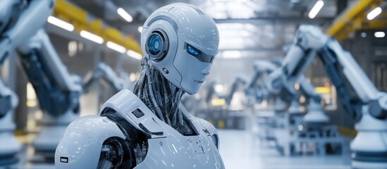 Poster - 3D rendering of a humanoid robot alongside industrial robotic arms