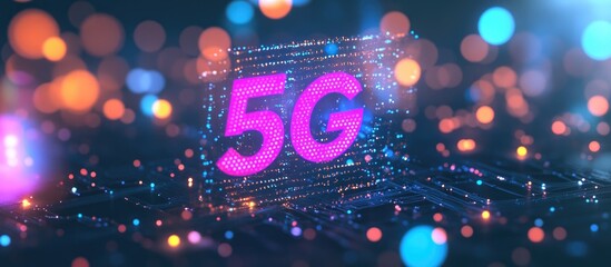 Poster - Vibrant 5G circuit hologram illuminated against a backdrop of soft bokeh circles symbolizing mobile internet speed 3D rendering