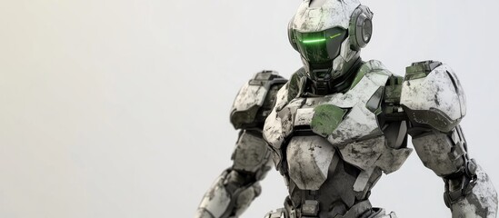 Poster - Futuristic mech soldier with a green and gray metallic design featuring scratched armor The robot controlled by a pilot stands against a white backdrop 3D rendering