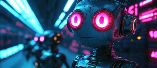 Poster - Mysterious robots featuring luminous neon eyes in a vibrant futuristic setting 3D rendering 3D illustration
