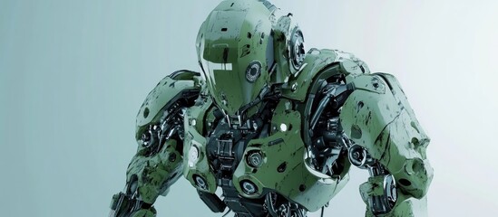 Poster - Futuristic mech soldier on a plain background Military robot in green and gray metal Pilot operated with scratched armor Mech combat scene 3D rendering