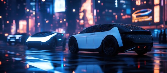 Poster - Futuristic Electric Vehicles in a Nighttime Urban Environment 3D Illustration