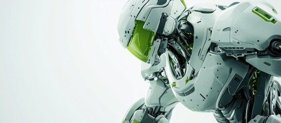 Poster - Futuristic mech soldier on a white background featuring a green and gray metal design Pilot controlled robot with scratched armor ready for battle 3D rendering