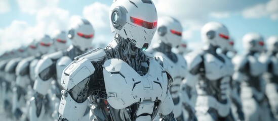 Male robots in formation led by a cyborg illustrating the concept of a robotic army in a 3D rendering