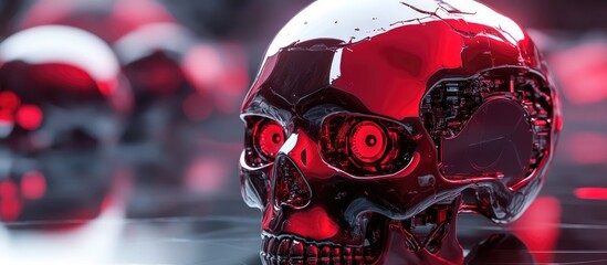 Poster - red robotic eyes and a metallic skull on a reflective surface showcasing advanced cybernetic technol