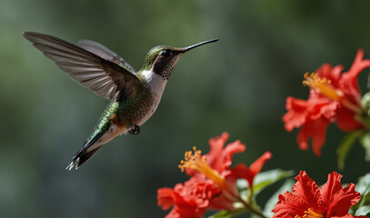 Canvas Print - hummingbird with flowers 