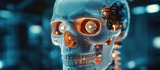 Poster - 3D illustration of a science fiction cyberpunk cyborg skull with three eyes integrated with a computer core showcasing advanced artificial intelligence
